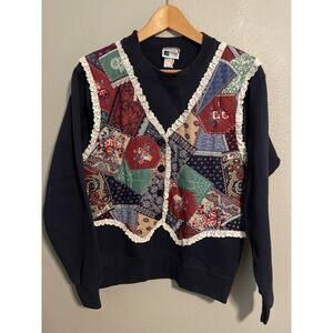 VTG Pro Spirit Sweatshirt Womens Medium Navy Patchwork Granny Cottagecore 90s